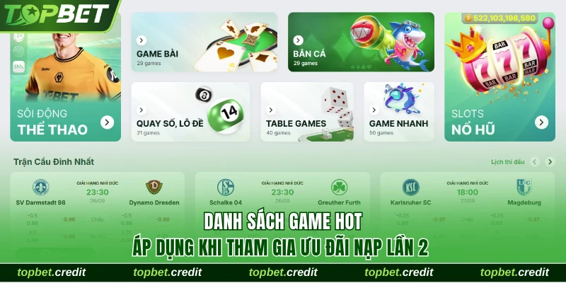 Khuyến Mãi Nạp Lần 2 Với Cơ Hội Vàng Tăng Vốn Tại TopBet 2 Danh sách game áp dụng khi tham gia ưu đãi
